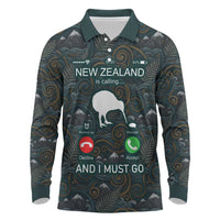 New Zealand is Calling and I Must Go Long Sleeve Polo Shirt Kiwi Bird Silhouette
