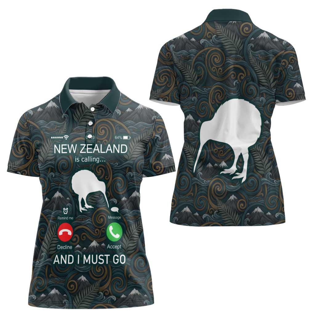 New Zealand is Calling and I Must Go Women Polo Shirt Kiwi Bird Silhouette
