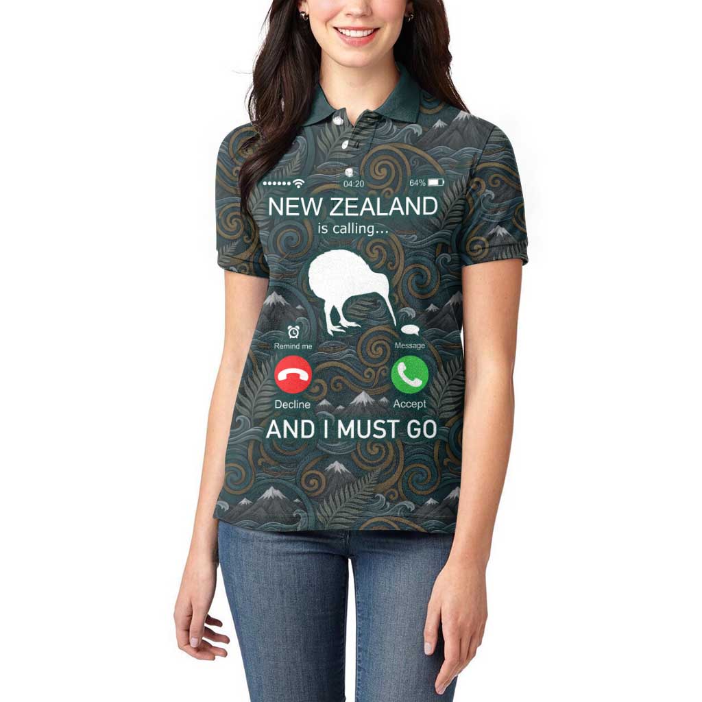 New Zealand is Calling and I Must Go Women Polo Shirt Kiwi Bird Silhouette