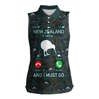 New Zealand is Calling and I Must Go Women Sleeveless Polo Shirt Kiwi Bird Silhouette
