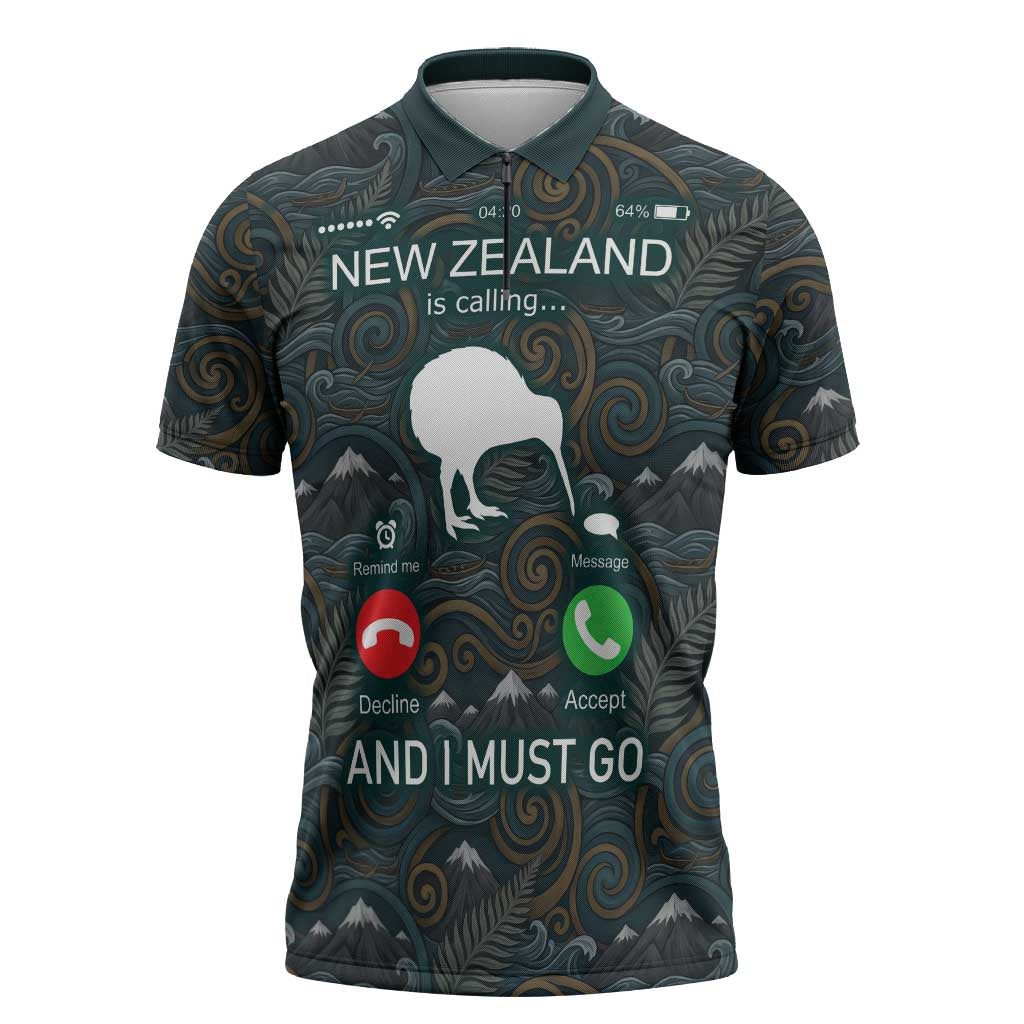 New Zealand is Calling and I Must Go Zipper Polo Shirt Kiwi Bird Silhouette