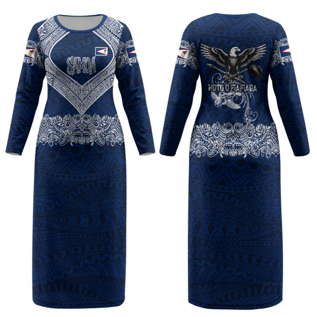 American Samoa Eagle Couples Matching Long Sleeve Bodycon Dress and Hawaiian Shirt Sea Turtle Traditional Polynesian Tribal Tattoo