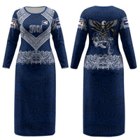 American Samoa Eagle Couples Matching Long Sleeve Bodycon Dress and Hawaiian Shirt Sea Turtle Traditional Polynesian Tribal Tattoo