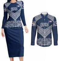 American Samoa Eagle Couples Matching Long Sleeve Bodycon Dress and Long Sleeve Button Shirt Sea Turtle Traditional Polynesian Tribal Tattoo