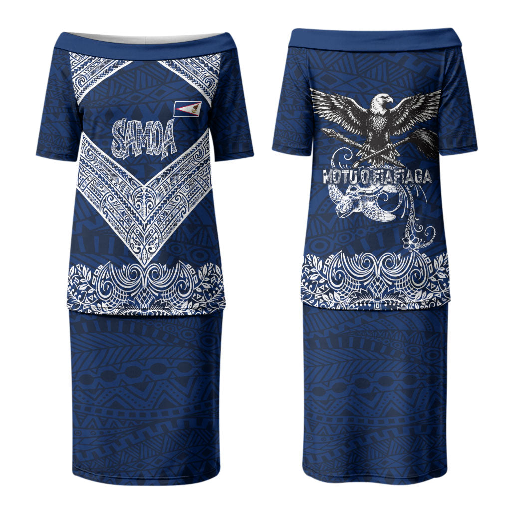 American Samoa Eagle Couples Matching Puletasi and Hawaiian Shirt Sea Turtle Traditional Polynesian Tribal Tattoo