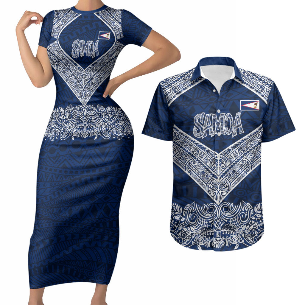 American Samoa Eagle Couples Matching Short Sleeve Bodycon Dress and Hawaiian Shirt Sea Turtle Traditional Polynesian Tribal Tattoo TS04 Blue White - Polynesian Pride