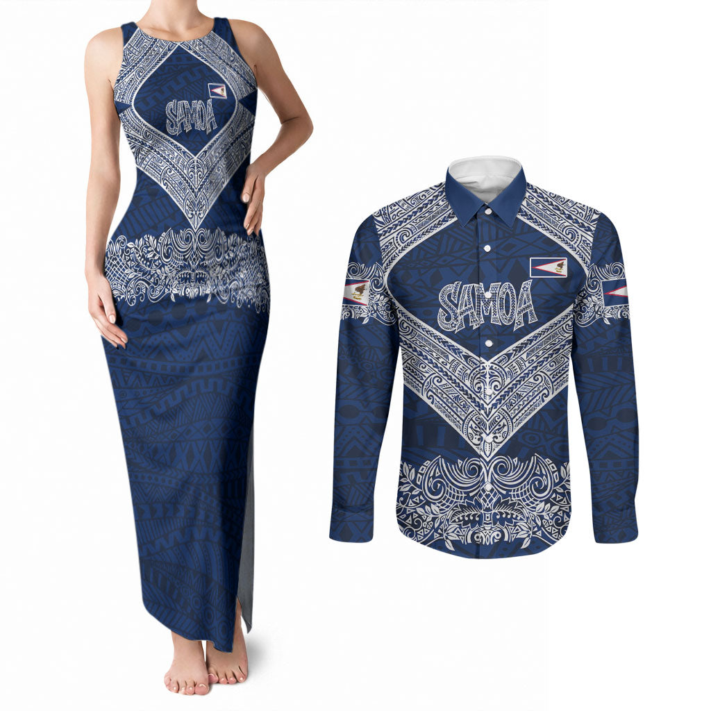 American Samoa Eagle Couples Matching Tank Maxi Dress and Long Sleeve Button Shirt Sea Turtle Traditional Polynesian Tribal Tattoo