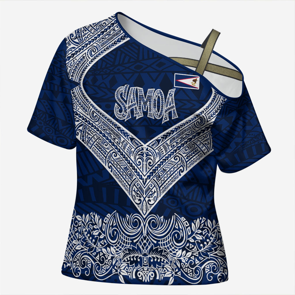American Samoa Eagle Cross Shoulder Shirt Sea Turtle Traditional Polynesian Tribal Tattoo TS04 Female Blue White - Polynesian Pride