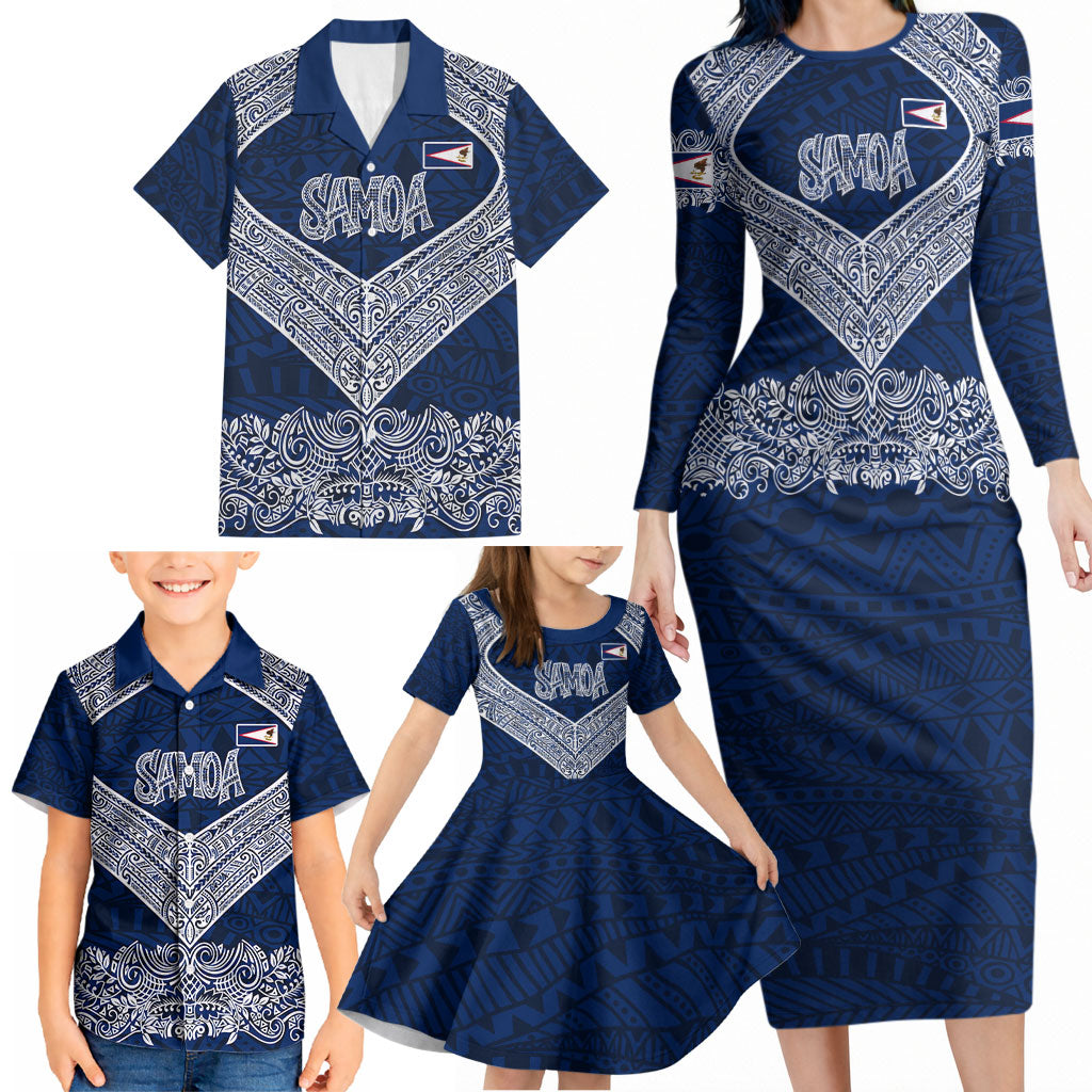 American Samoa Eagle Family Matching Long Sleeve Bodycon Dress and Hawaiian Shirt Sea Turtle Traditional Polynesian Tribal Tattoo
