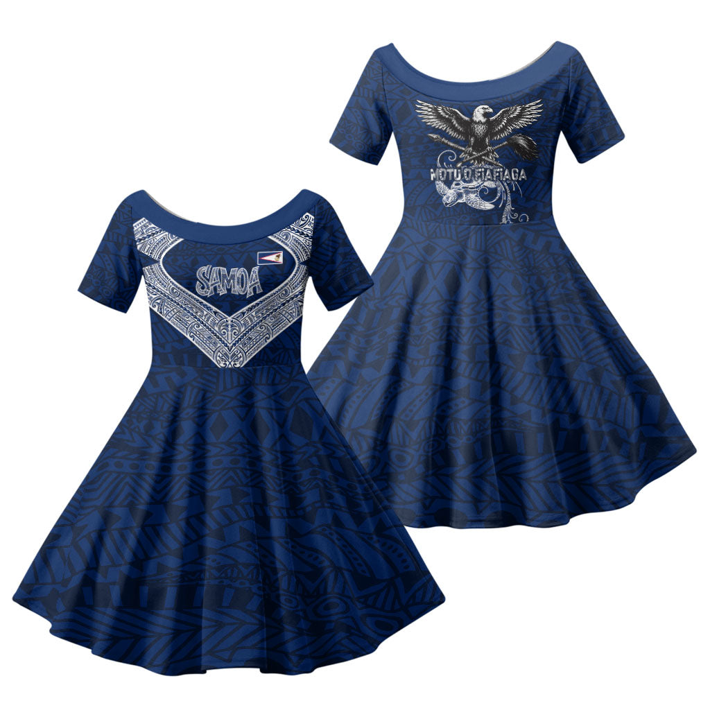 American Samoa Eagle Family Matching Off Shoulder Short Dress and Hawaiian Shirt Sea Turtle Traditional Polynesian Tribal Tattoo