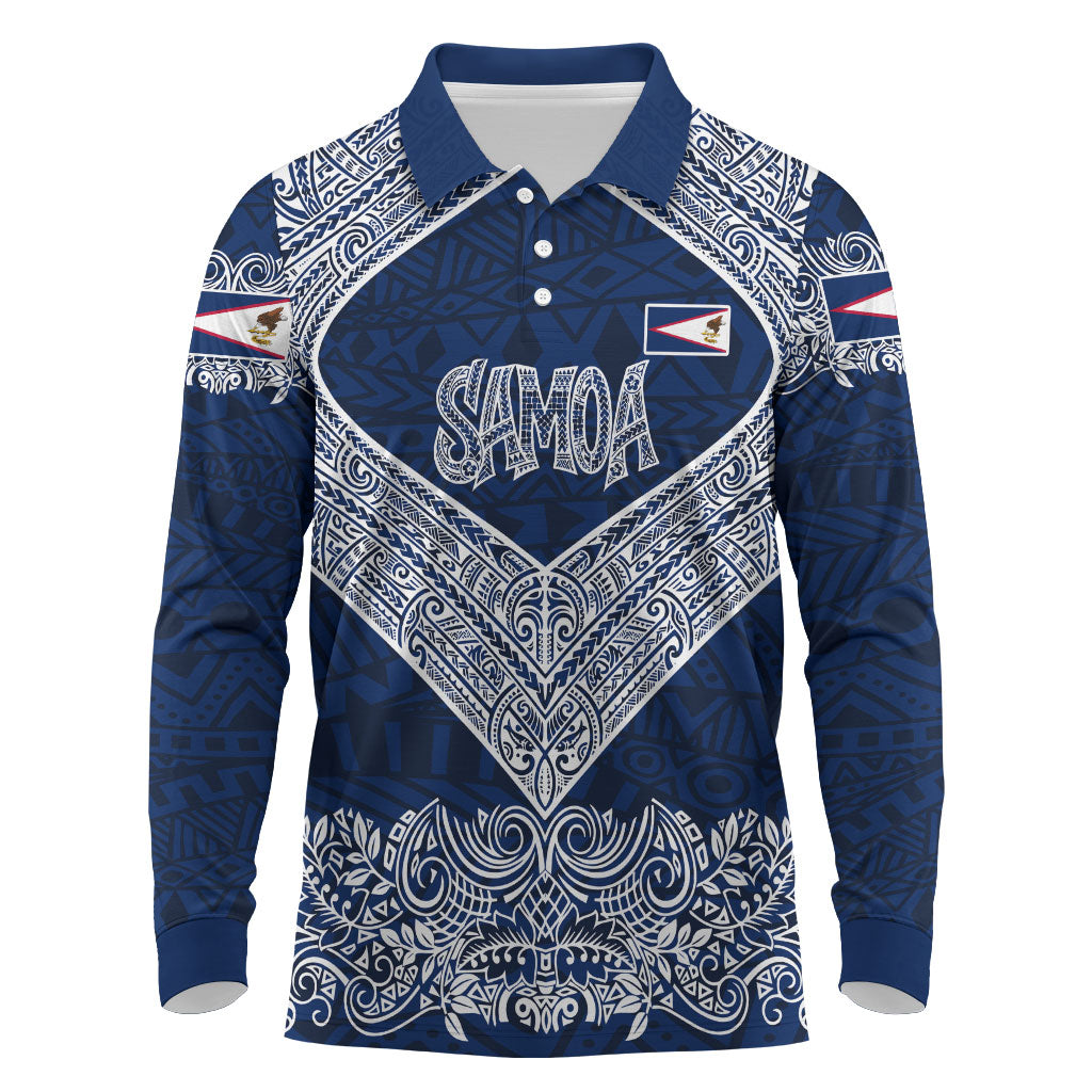 American Samoa Eagle Long Sleeve Polo Shirt Sea Turtle Traditional Polynesian Tribal Tattoo