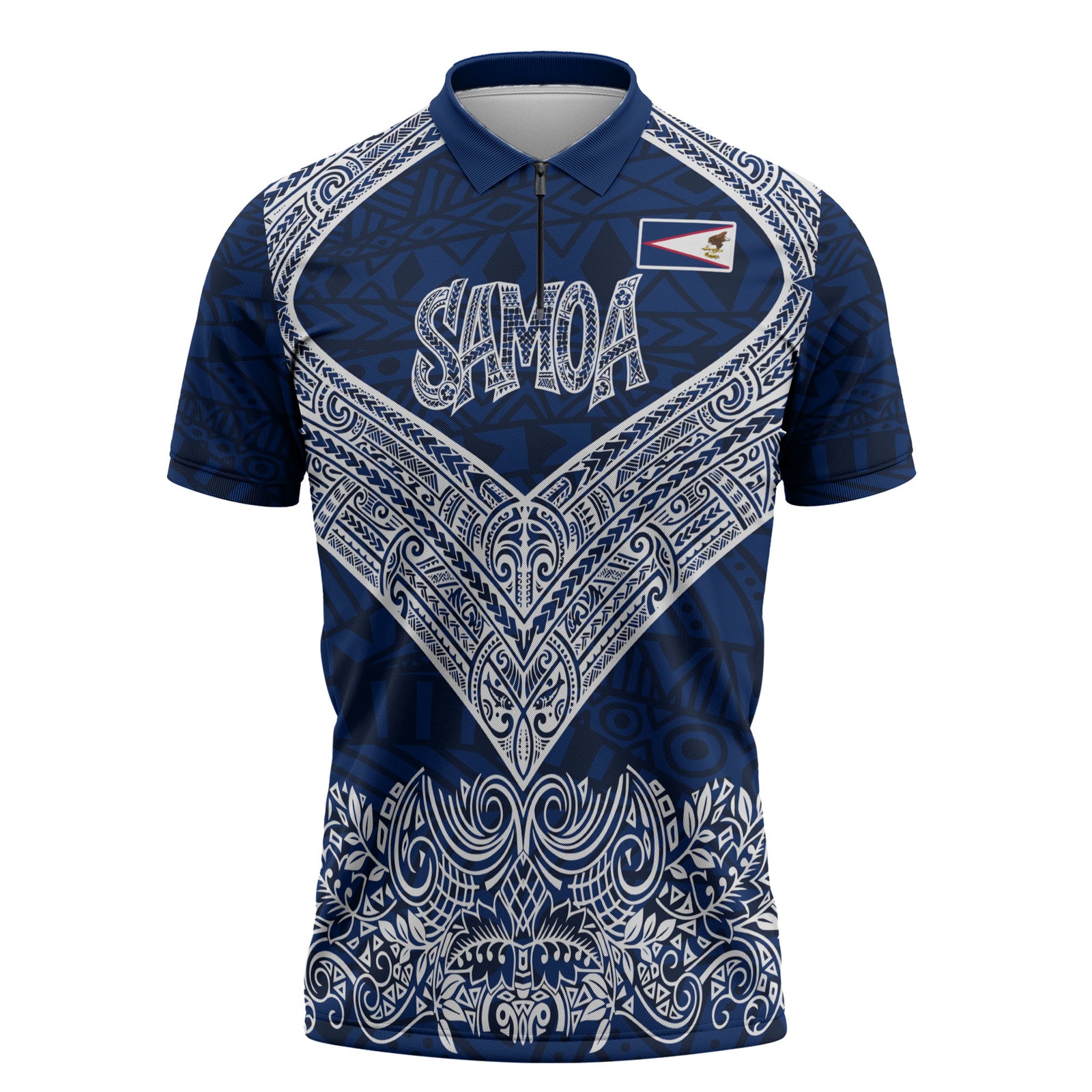 American Samoa Eagle Zipper Polo Shirt Sea Turtle Traditional Polynesian Tribal Tattoo TS04 Blue White - Polynesian Pride