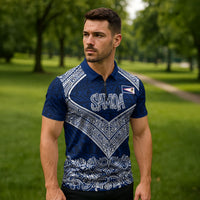 American Samoa Eagle Zipper Polo Shirt Sea Turtle Traditional Polynesian Tribal Tattoo