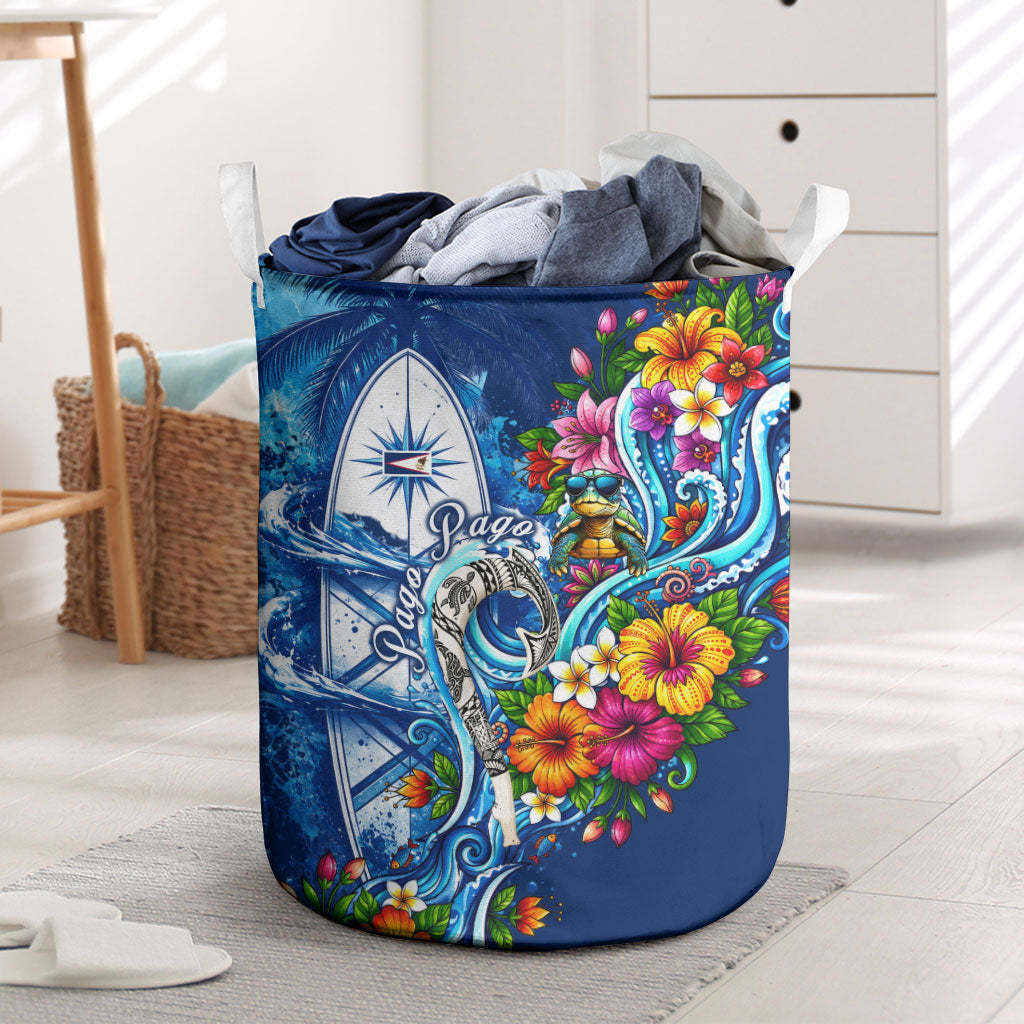 American Samoa Pago Pago Laundry Basket Sea Turtle And Fruit Bat - Tropical Hibiscus Flowers Polynesian TS04 Blue White - Polynesian Pride