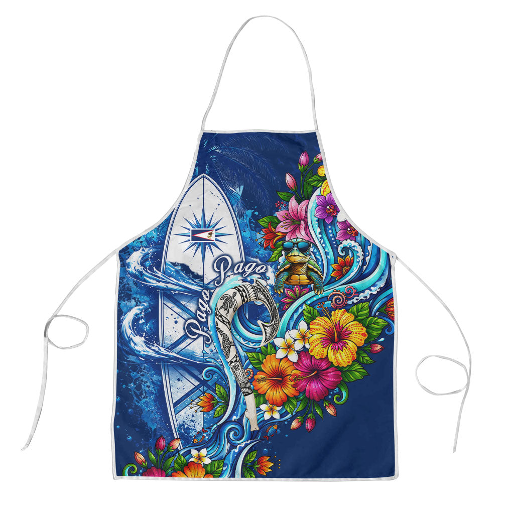 American Samoa Pago Pago Apron Sea Turtle And Fruit Bat - Tropical Hibiscus Flowers Polynesian TS04 Blue White - Polynesian Pride