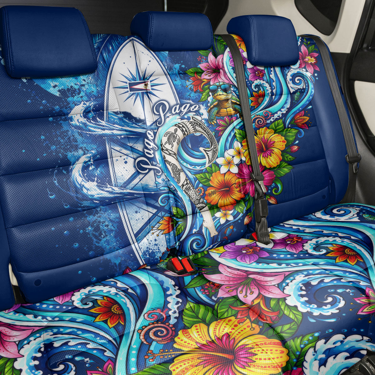 American Samoa Pago Pago Back Car Seat Cover Sea Turtle And Fruit Bat - Tropical Hibiscus Flowers Polynesian