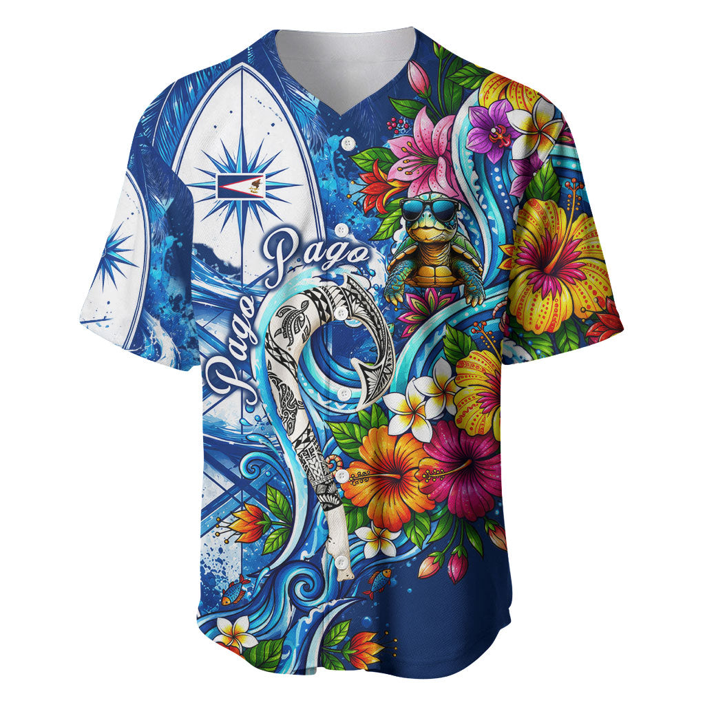 American Samoa Pago Pago Baseball Jersey Sea Turtle And Fruit Bat - Tropical Hibiscus Flowers Polynesian TS04 Blue White - Polynesian Pride