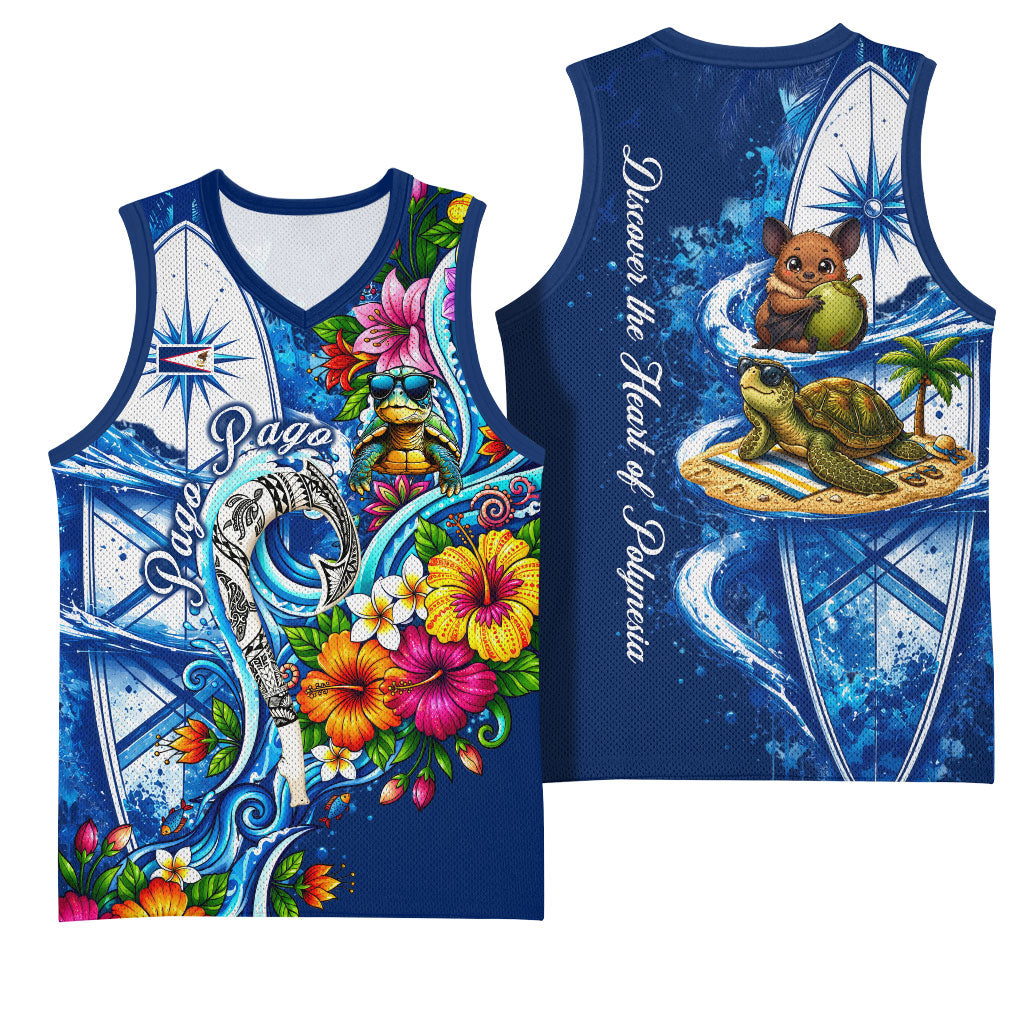 American Samoa Pago Pago Basketball Jersey Sea Turtle And Fruit Bat - Tropical Hibiscus Flowers Polynesian