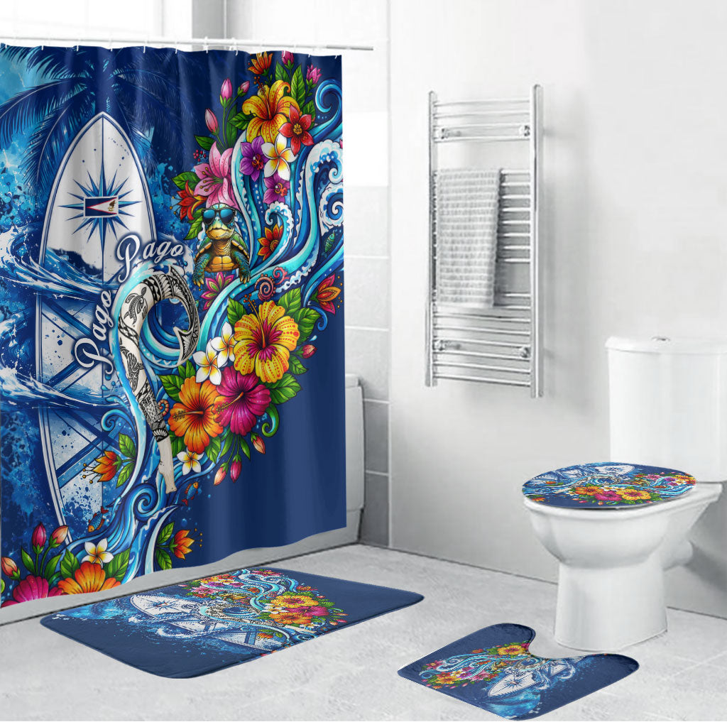 American Samoa Pago Pago Bathroom Set Sea Turtle And Fruit Bat - Tropical Hibiscus Flowers Polynesian