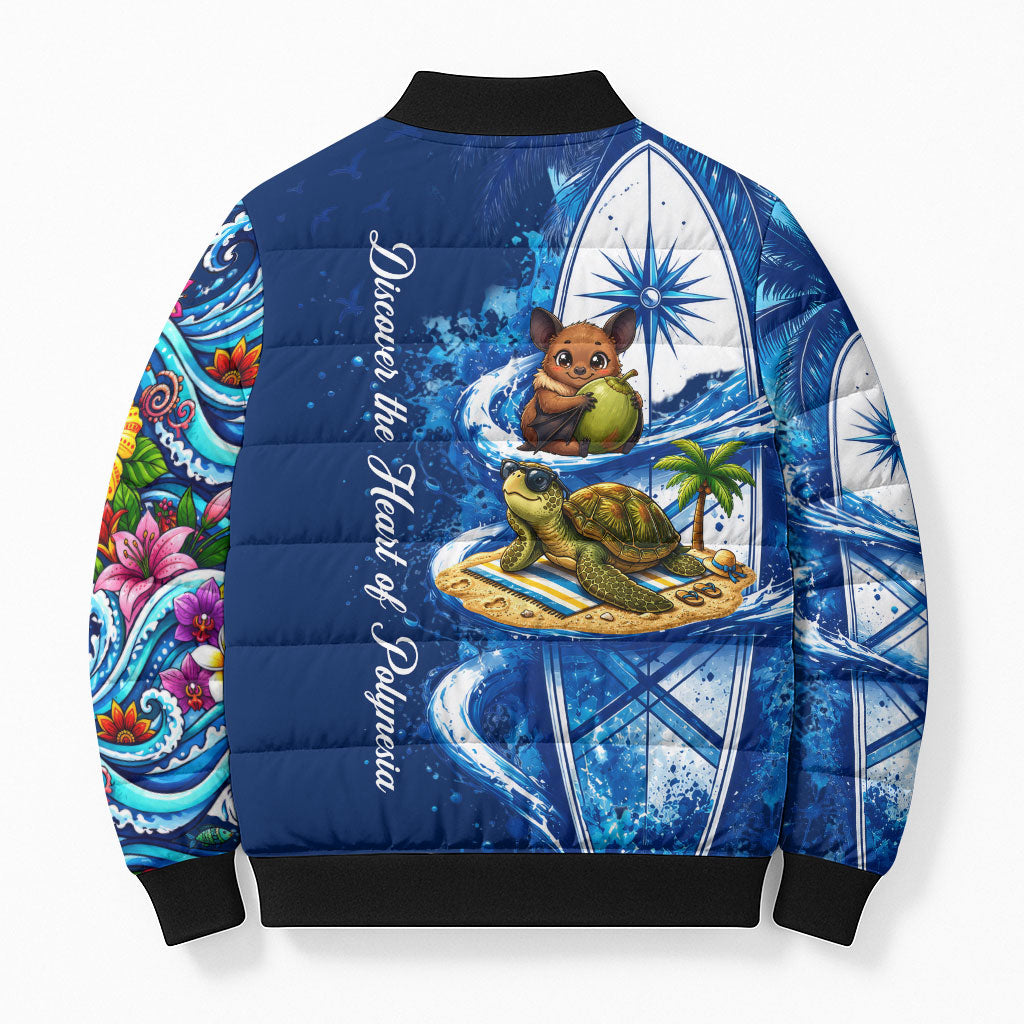 American Samoa Pago Pago Bomber Puffer Jacket Sea Turtle And Fruit Bat - Tropical Hibiscus Flowers Polynesian