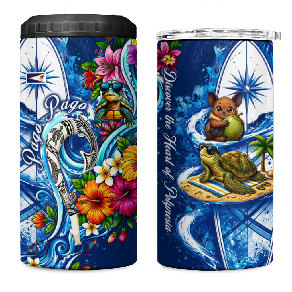 American Samoa Pago Pago 4 in 1 Can Cooler Tumbler Sea Turtle And Fruit Bat - Tropical Hibiscus Flowers Polynesian