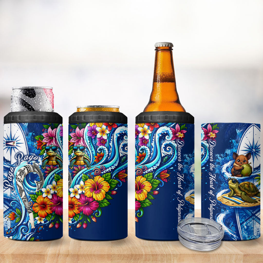 American Samoa Pago Pago 4 in 1 Can Cooler Tumbler Sea Turtle And Fruit Bat - Tropical Hibiscus Flowers Polynesian