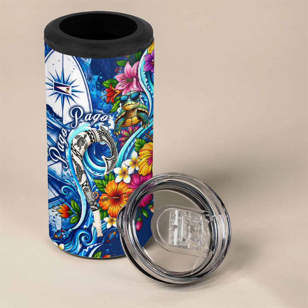 American Samoa Pago Pago 4 in 1 Can Cooler Tumbler Sea Turtle And Fruit Bat - Tropical Hibiscus Flowers Polynesian