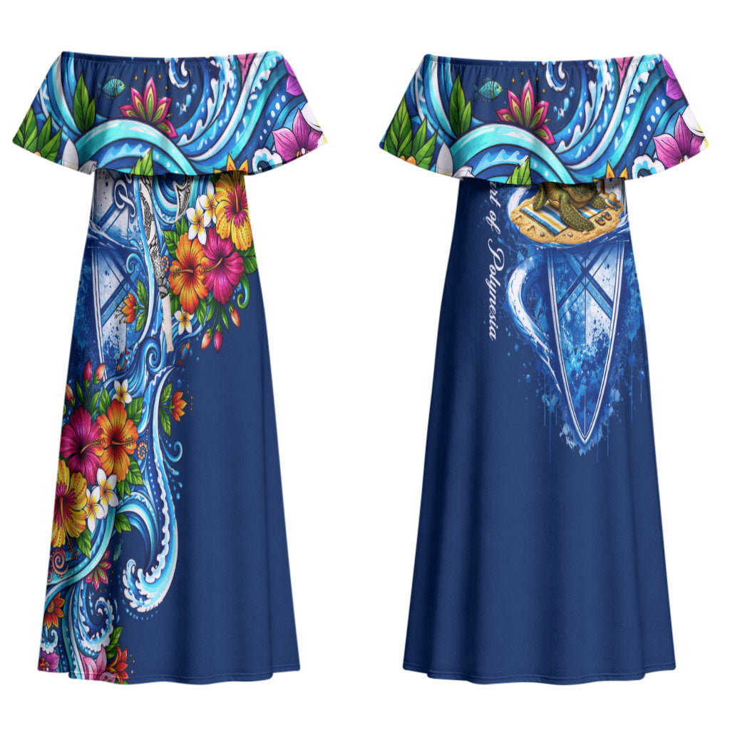 American Samoa Pago Pago Couples Matching Off Shoulder Maxi Dress and Hawaiian Shirt Sea Turtle And Fruit Bat - Tropical Hibiscus Flowers Polynesian