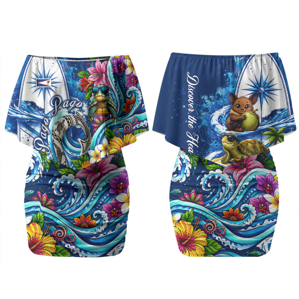 American Samoa Pago Pago Couples Matching Off Shoulder Short Dress and Hawaiian Shirt Sea Turtle And Fruit Bat - Tropical Hibiscus Flowers Polynesian