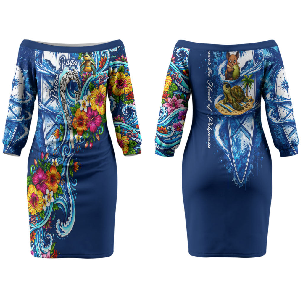 American Samoa Pago Pago Couples Matching Off The Shoulder Long Sleeve Dress and Long Sleeve Button Shirt Sea Turtle And Fruit Bat - Tropical Hibiscus Flowers Polynesian