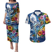 American Samoa Pago Pago Couples Matching Puletasi and Hawaiian Shirt Sea Turtle And Fruit Bat - Tropical Hibiscus Flowers Polynesian
