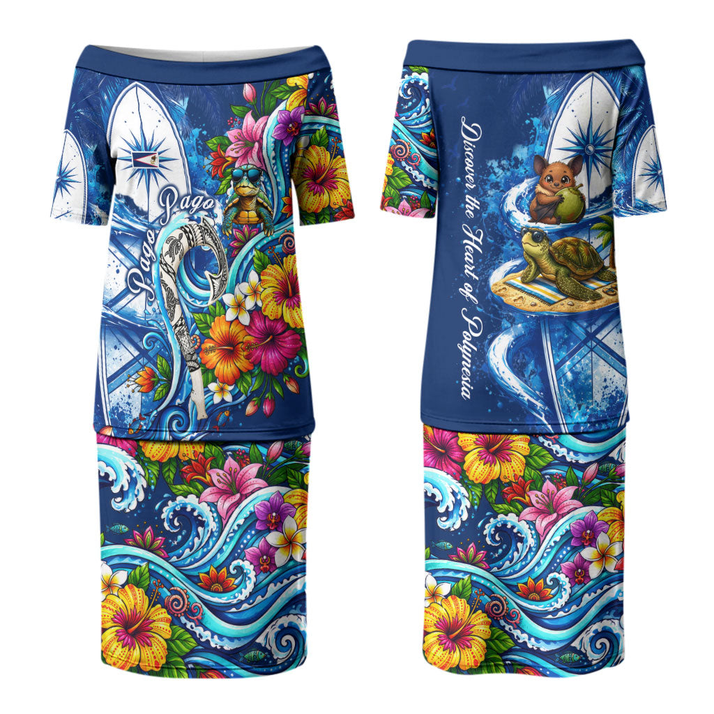 American Samoa Pago Pago Couples Matching Puletasi and Hawaiian Shirt Sea Turtle And Fruit Bat - Tropical Hibiscus Flowers Polynesian