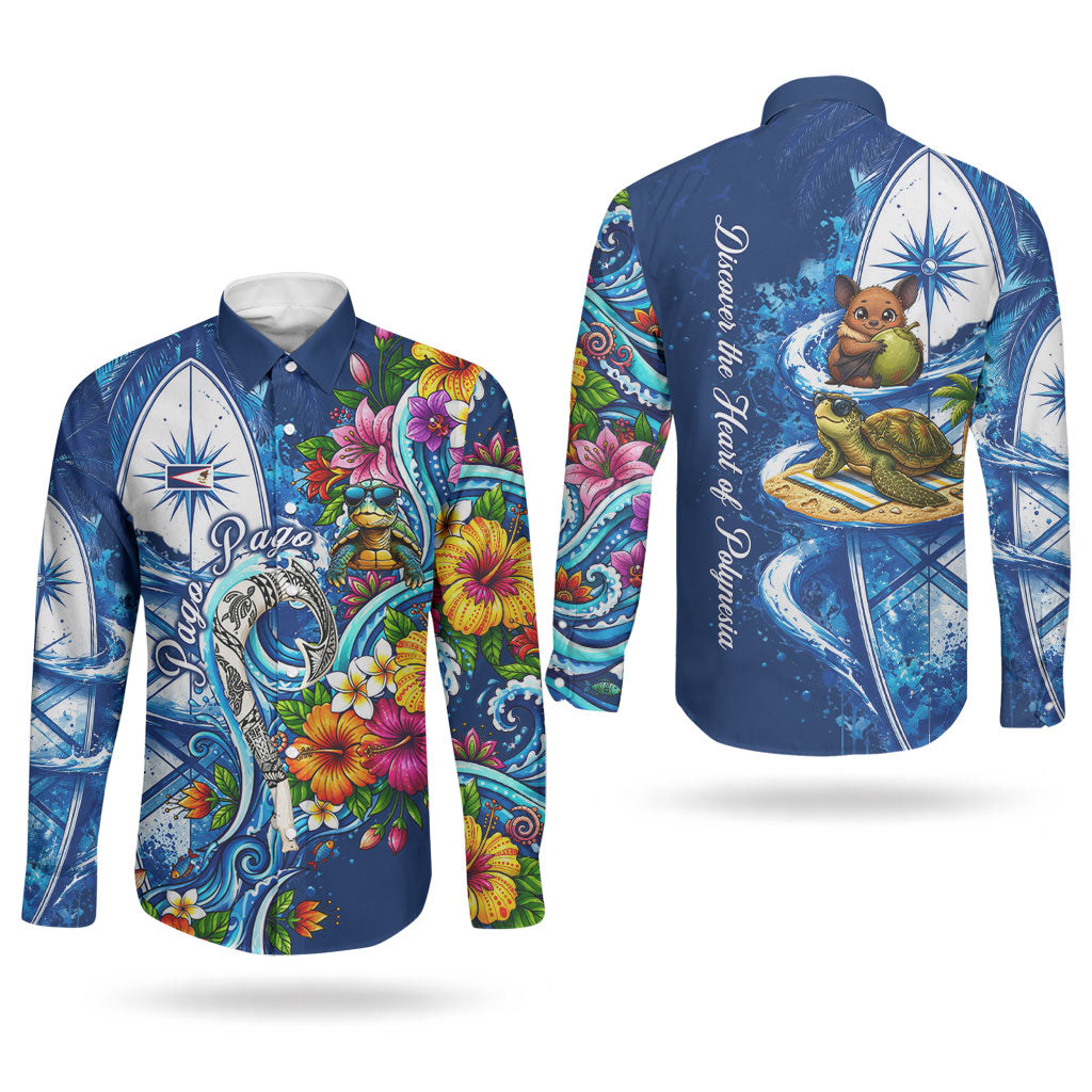 American Samoa Pago Pago Couples Matching Puletasi and Long Sleeve Button Shirt Sea Turtle And Fruit Bat - Tropical Hibiscus Flowers Polynesian