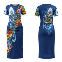 American Samoa Pago Pago Couples Matching Short Sleeve Bodycon Dress and Long Sleeve Button Shirt Sea Turtle And Fruit Bat - Tropical Hibiscus Flowers Polynesian