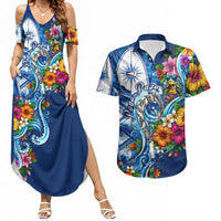 American Samoa Pago Pago Couples Matching Summer Maxi Dress and Hawaiian Shirt Sea Turtle And Fruit Bat - Tropical Hibiscus Flowers Polynesian