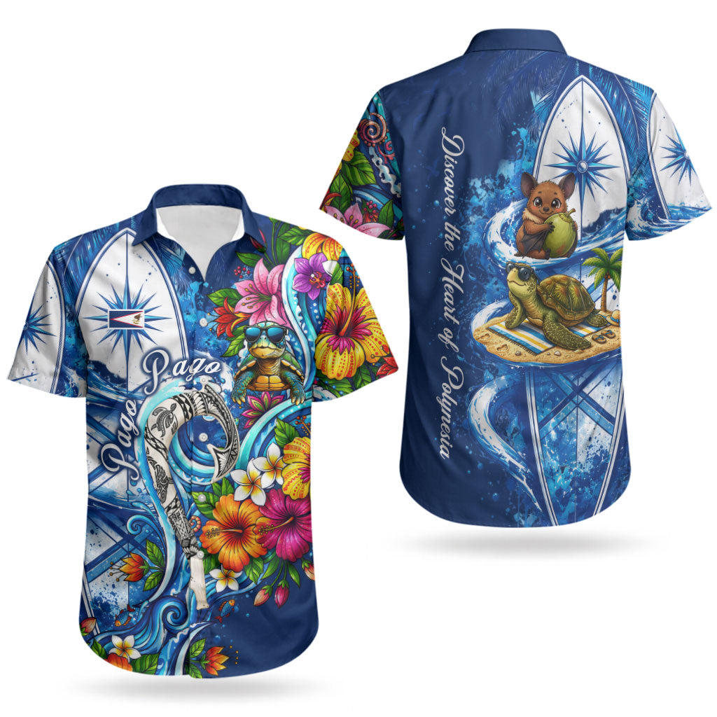 American Samoa Pago Pago Couples Matching Summer Maxi Dress and Hawaiian Shirt Sea Turtle And Fruit Bat - Tropical Hibiscus Flowers Polynesian