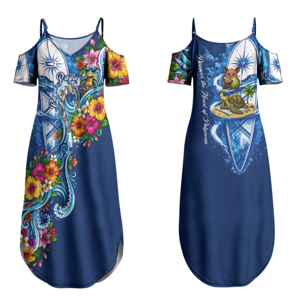 American Samoa Pago Pago Couples Matching Summer Maxi Dress and Long Sleeve Button Shirt Sea Turtle And Fruit Bat - Tropical Hibiscus Flowers Polynesian