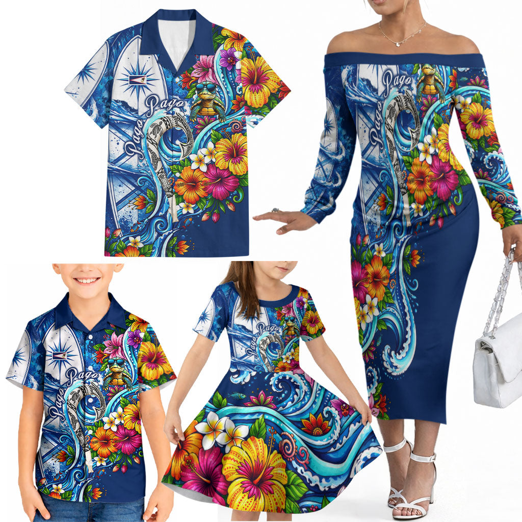 American Samoa Pago Pago Family Matching Off The Shoulder Long Sleeve Dress and Hawaiian Shirt Sea Turtle And Fruit Bat - Tropical Hibiscus Flowers Polynesian