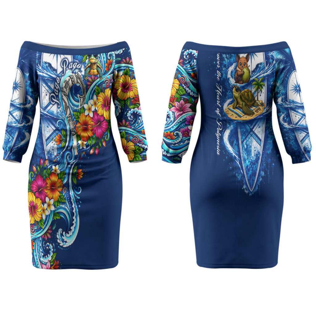 American Samoa Pago Pago Family Matching Off The Shoulder Long Sleeve Dress and Hawaiian Shirt Sea Turtle And Fruit Bat - Tropical Hibiscus Flowers Polynesian