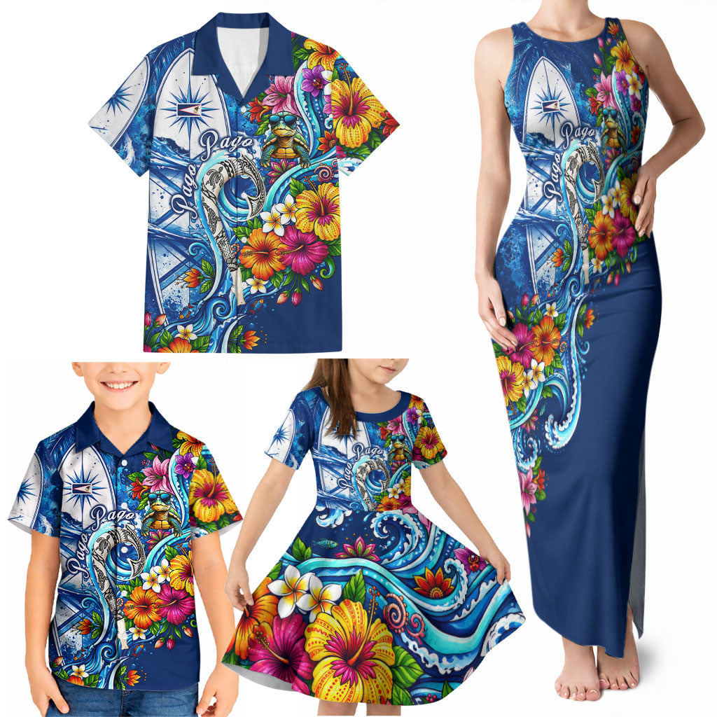 American Samoa Pago Pago Family Matching Tank Maxi Dress and Hawaiian Shirt Sea Turtle And Fruit Bat - Tropical Hibiscus Flowers Polynesian