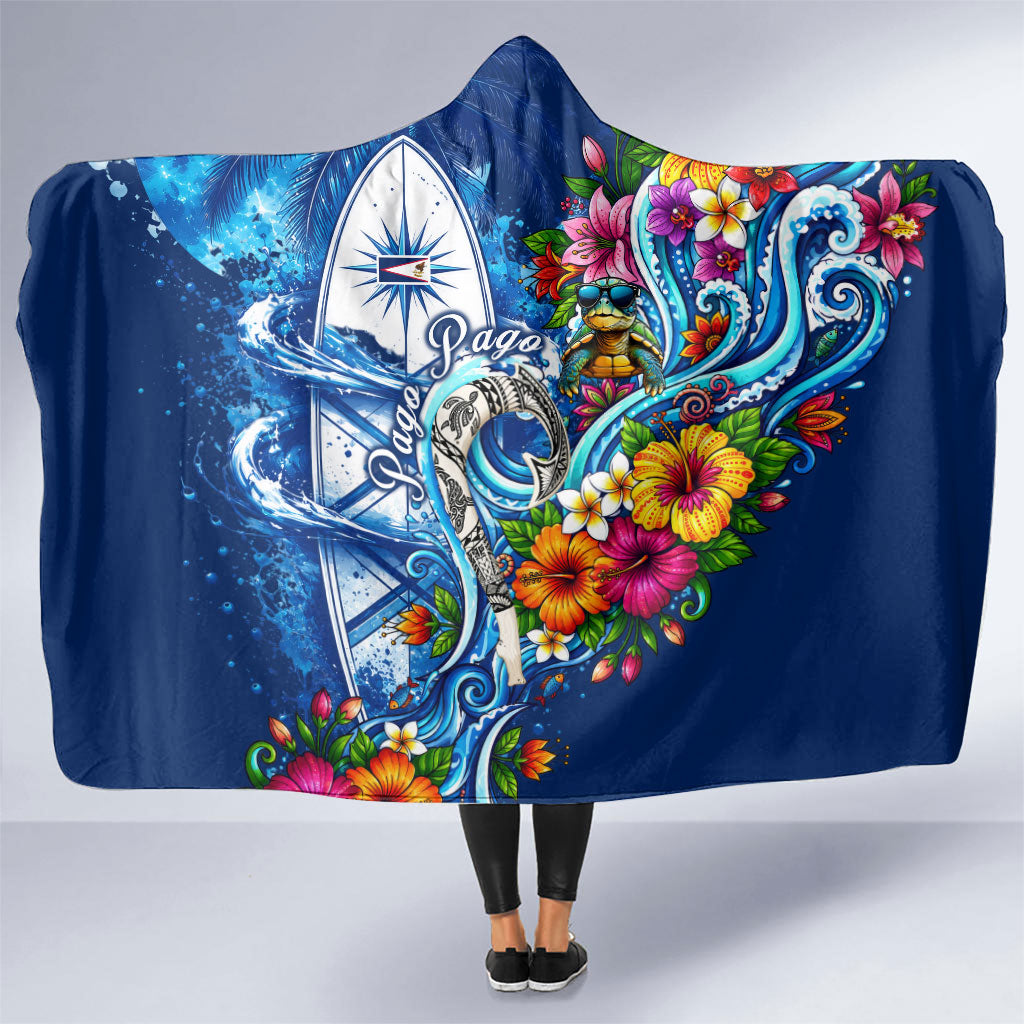 American Samoa Pago Pago Hooded Blanket Sea Turtle And Fruit Bat - Tropical Hibiscus Flowers Polynesian