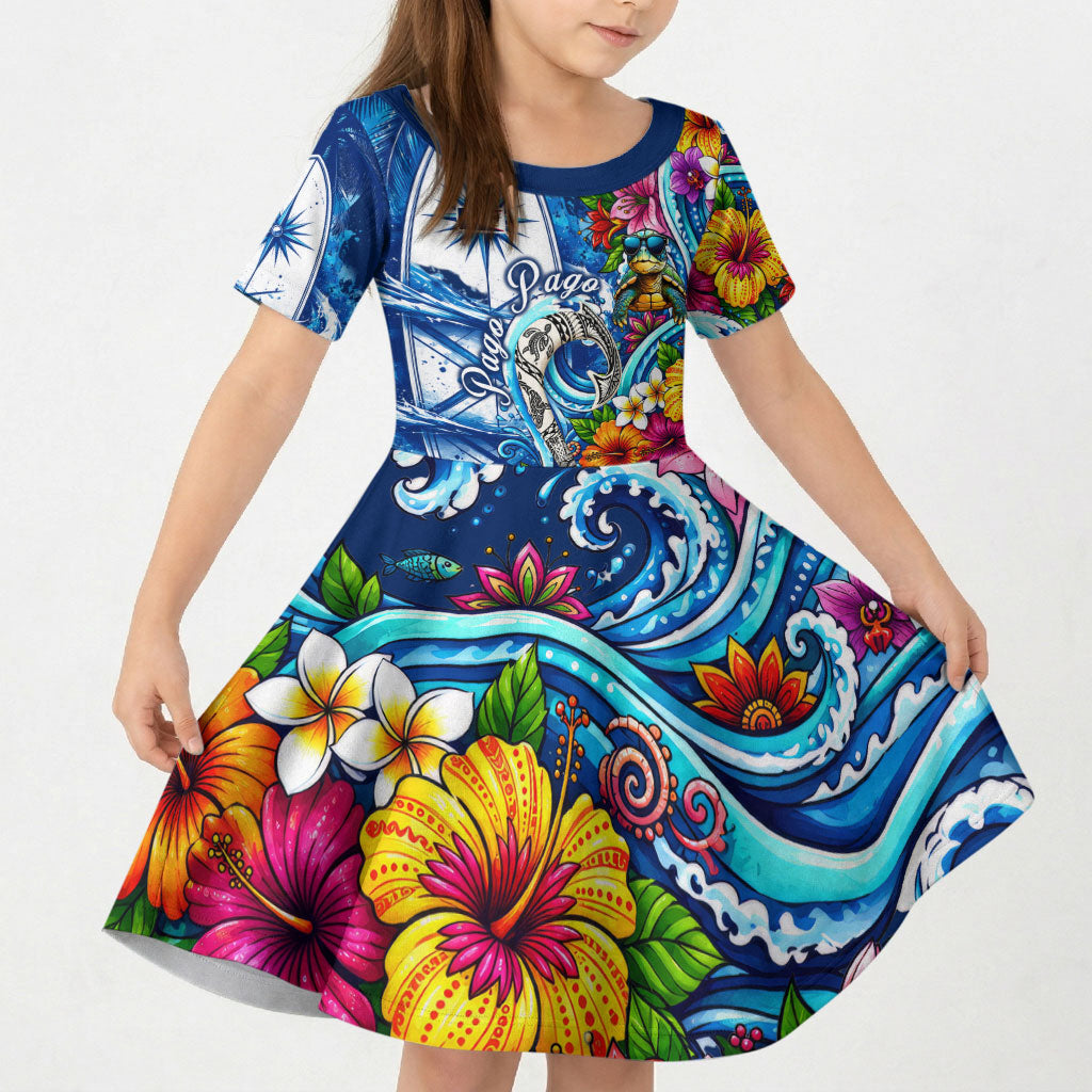 American Samoa Pago Pago Kid Short Sleeve Dress Sea Turtle And Fruit Bat - Tropical Hibiscus Flowers Polynesian