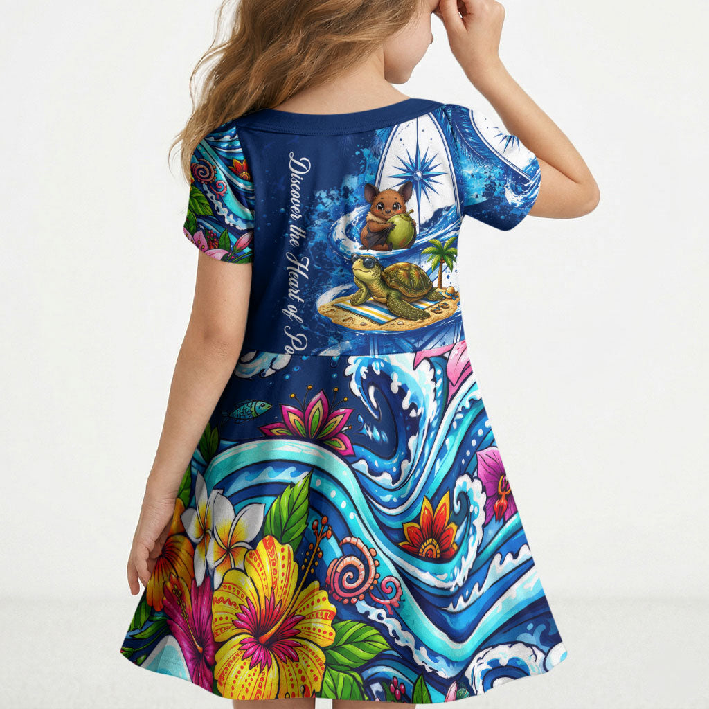 American Samoa Pago Pago Kid Short Sleeve Dress Sea Turtle And Fruit Bat - Tropical Hibiscus Flowers Polynesian