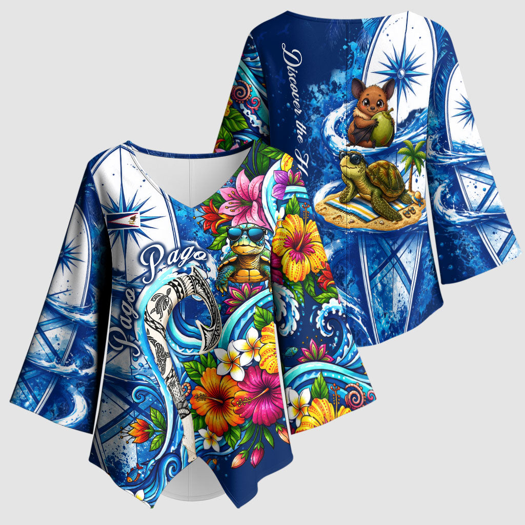 American Samoa Pago Pago Kimono Sleeve Blouse Sea Turtle And Fruit Bat - Tropical Hibiscus Flowers Polynesian