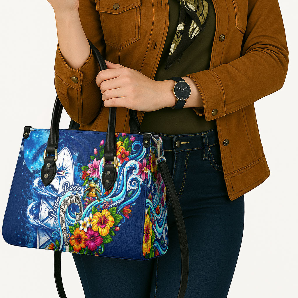 American Samoa Pago Pago Leather Bag Sea Turtle And Fruit Bat - Tropical Hibiscus Flowers Polynesian