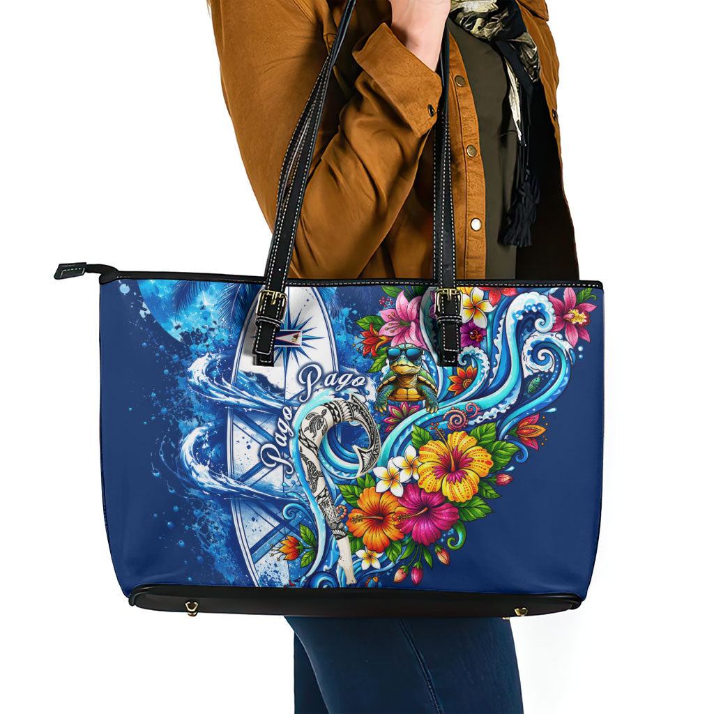 American Samoa Pago Pago Leather Tote Bag Sea Turtle And Fruit Bat - Tropical Hibiscus Flowers Polynesian
