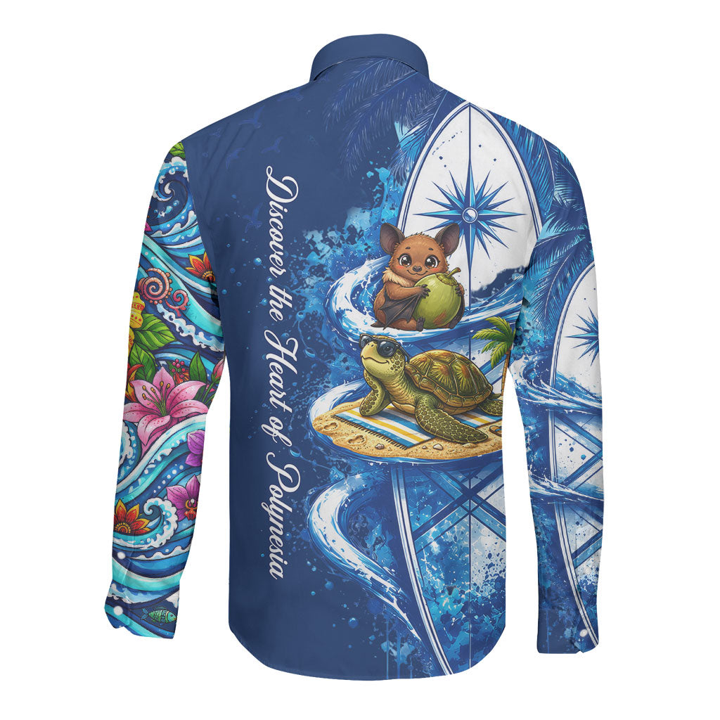 American Samoa Pago Pago Long Sleeve Button Shirt Sea Turtle And Fruit Bat - Tropical Hibiscus Flowers Polynesian