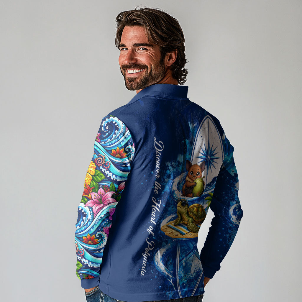 American Samoa Pago Pago Long Sleeve Polo Shirt Sea Turtle And Fruit Bat - Tropical Hibiscus Flowers Polynesian
