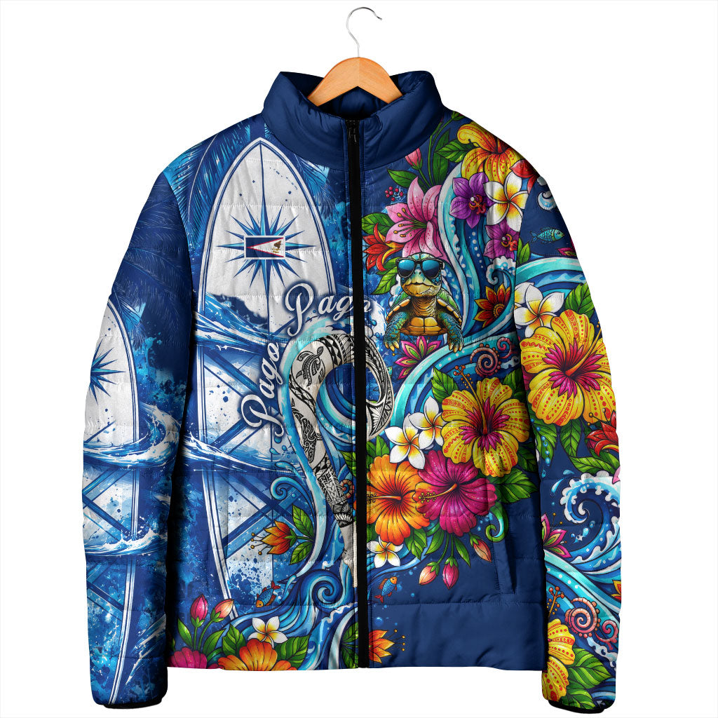 American Samoa Pago Pago Padded Jacket Sea Turtle And Fruit Bat - Tropical Hibiscus Flowers Polynesian
