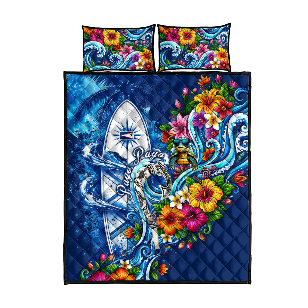 American Samoa Pago Pago Quilt Bed Set Sea Turtle And Fruit Bat - Tropical Hibiscus Flowers Polynesian